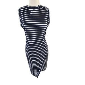 Olivia Grey Women's Blue & White Striped Print Crew Neck Midi Dress Size Medium